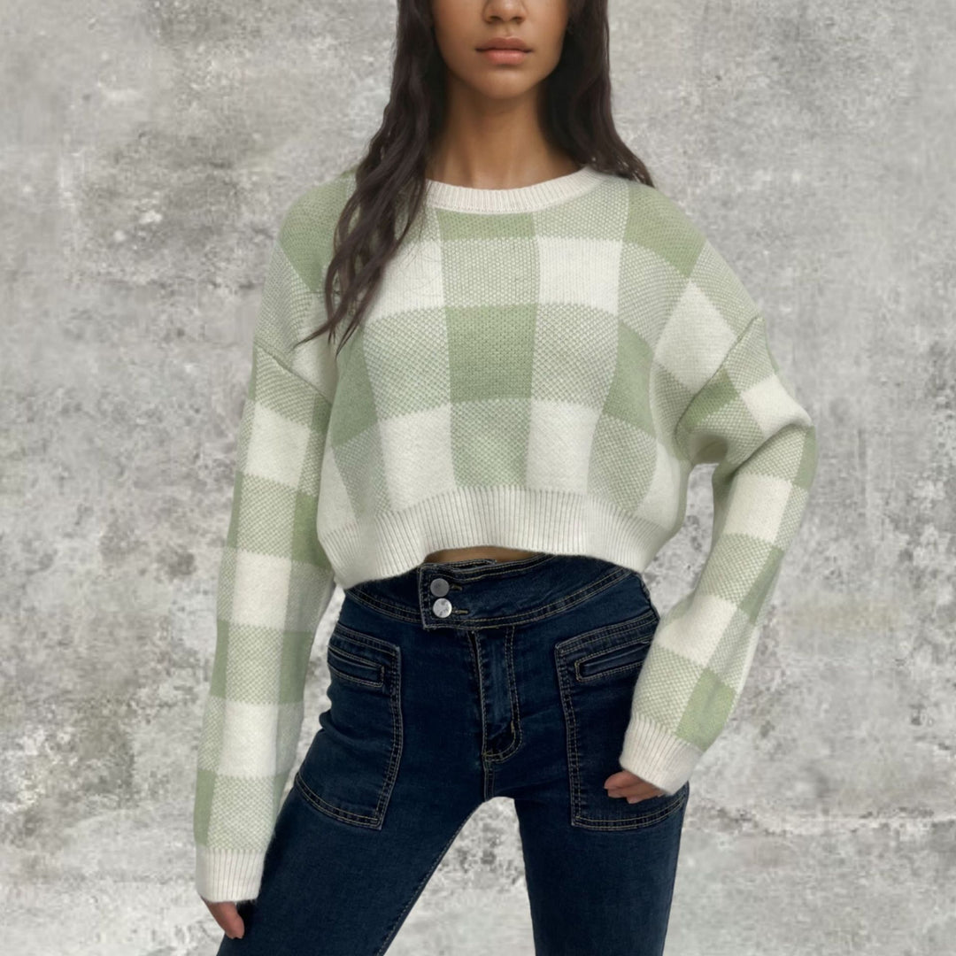 Lune London long sleeve cropped sweater for women with checked pattern