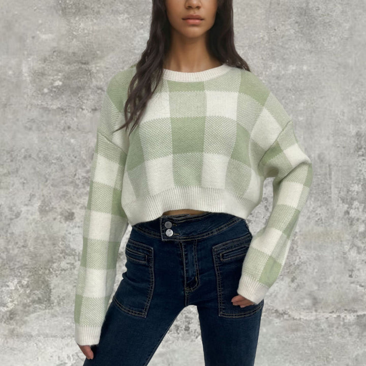 Lune London long sleeve cropped sweater for women with checked pattern