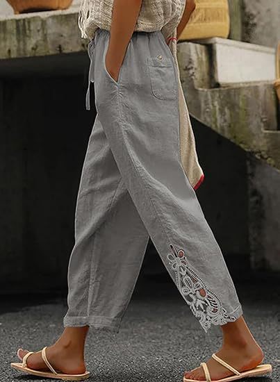 Airy linen trousers for ladies with decorative embroidery Lune London