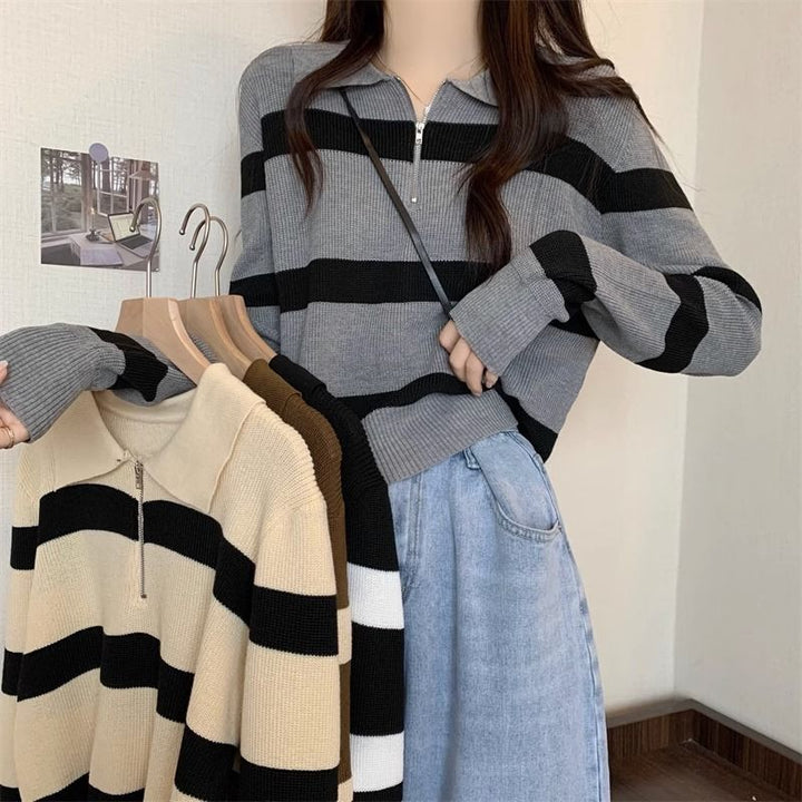 Pull en tricot pour femmes avec zip et motif à rayures Chic & Stil
