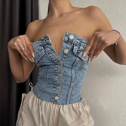 Lune London women's denim bustier top with button closure