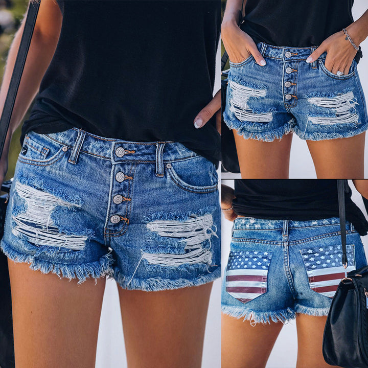 Casual style denim shorts for women with American flag print and frayed edges Lune London