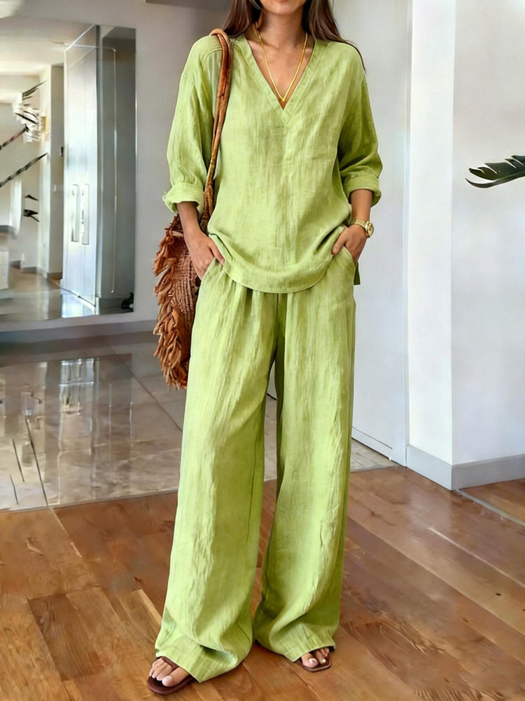 Women's Lightweight Summer Pants with Loose Fit and V-Neck Shirt Lune London