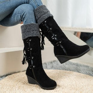 Wedge heel boots for women with cozy inner lining and stylish lace-up design Lune London