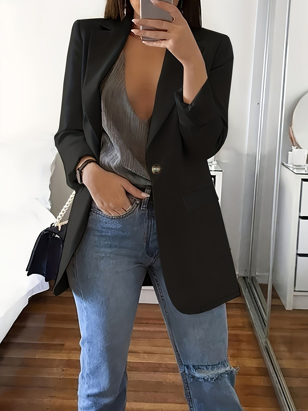 Ladies modern blazer with plunging neckline and elegant details Lune London
