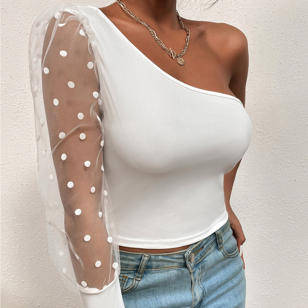 Women elegant top with asymmetric cut and transparent puff sleeves Lune London