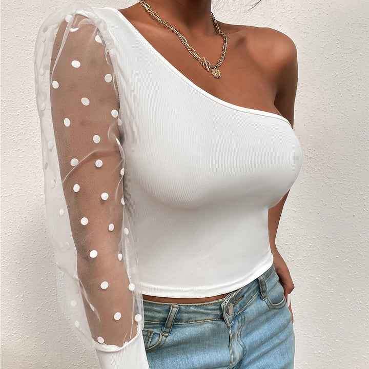 Women elegant top with asymmetric cut and transparent puff sleeves Lune London