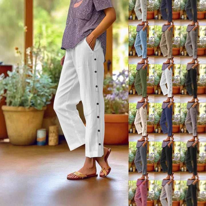 Comfortable linen pants for women with button details Lune London