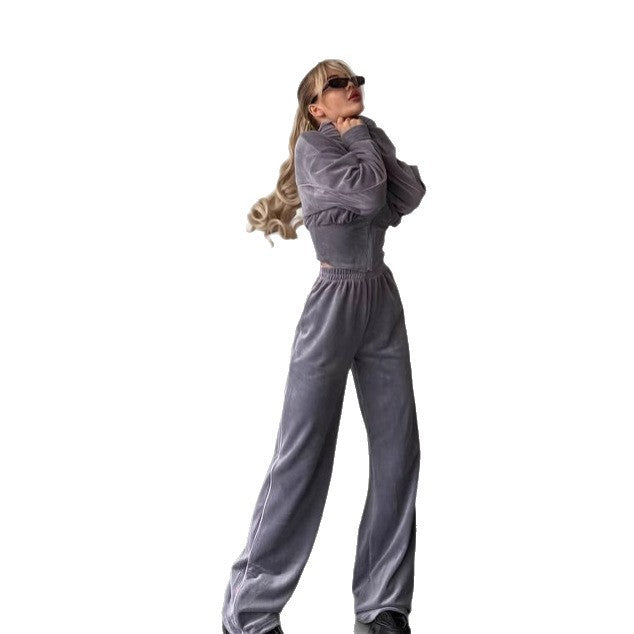 Sporty velvet jogging set for women with cropped hooded jacket and comfortable pants Lune London