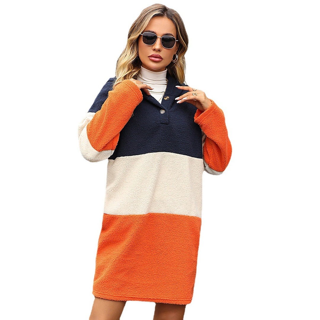 Fleece dress for ladies with practical Henley neckline and chic colored block design