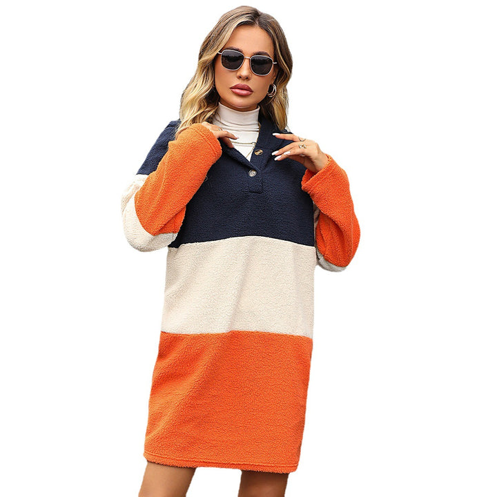 Fleece dress for ladies with practical Henley neckline and chic colored block design