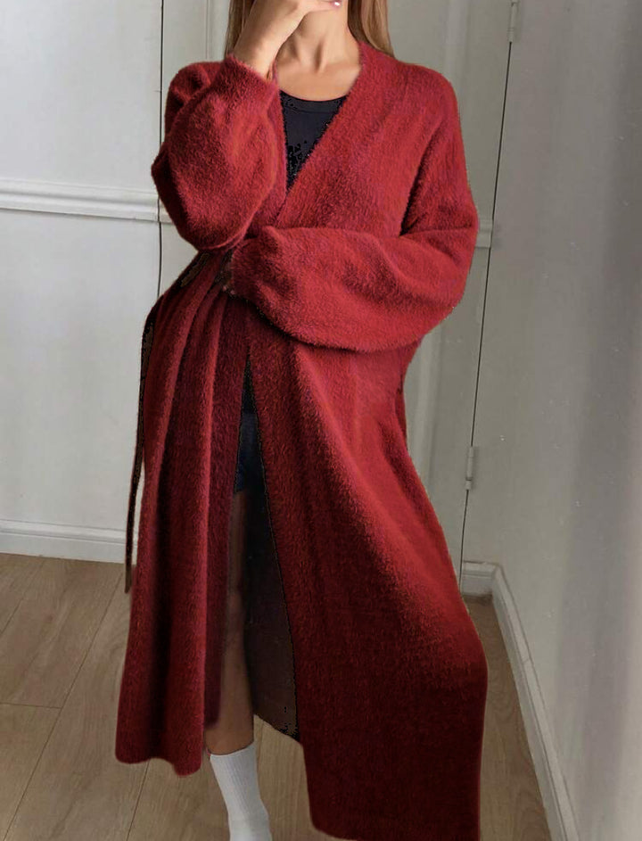 Ladies Long, soft cardigan with tie belt and V-neck Lune London