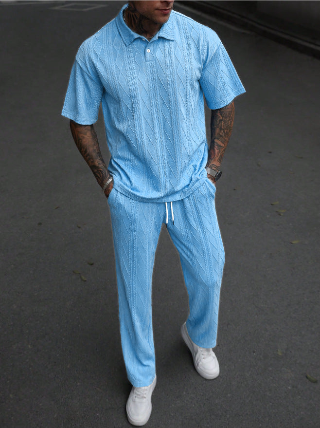 Men's Comfortable Cable Knit Polo Set and Pants Lune London