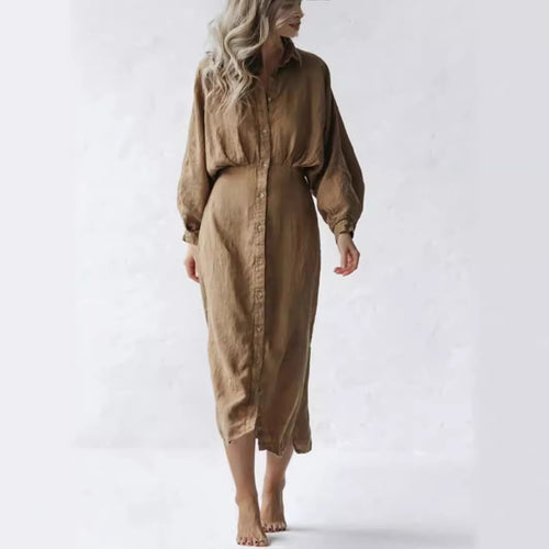 Women's long sleeve shirt dress with gathered waistband and elegant cuffs