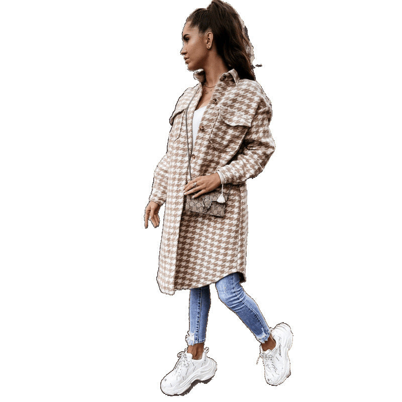 Women Oversized Houndstooth Print Shirt Jacket Lune London