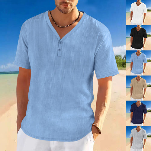 Men's short sleeve Henley shirt with textured design and stylish accents Lune London
