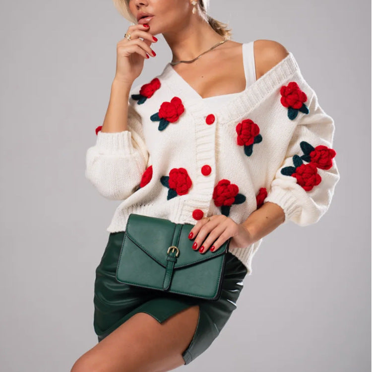 Ladies Cozy Wool Sweater with Floral Applications and Oversized Cut Lune London