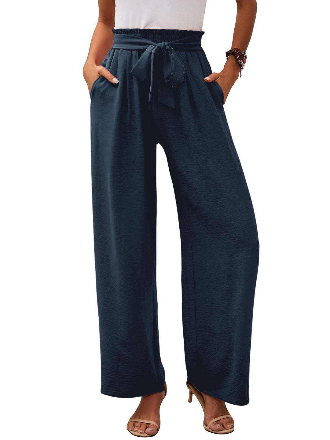 Wide palazzo pants for women with elastic waist and tie belt Lune London