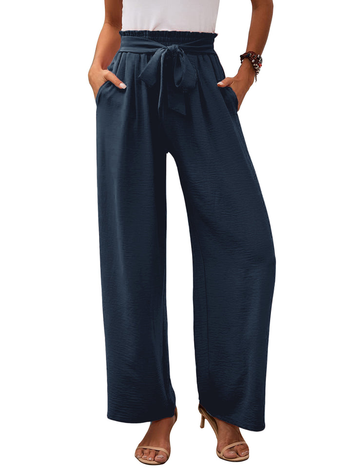 Wide palazzo pants for women with elastic waist and tie belt Lune London
