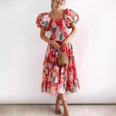 Maxi dress with ruffles off the shoulders for women with floral pattern Lune London