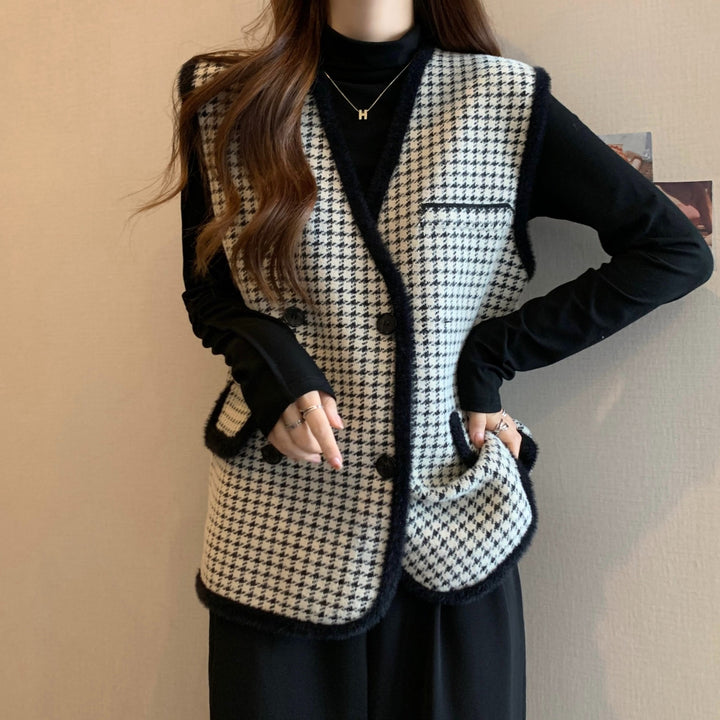 Gilet tricoté élégant pour femme avec motif à carreaux et design de poche pratique Chic & Stil