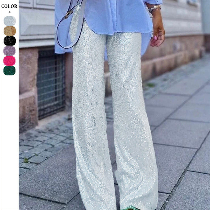 Women Sparkling Palazzo Pants with Shimmering Sequins and High Waist Lune London