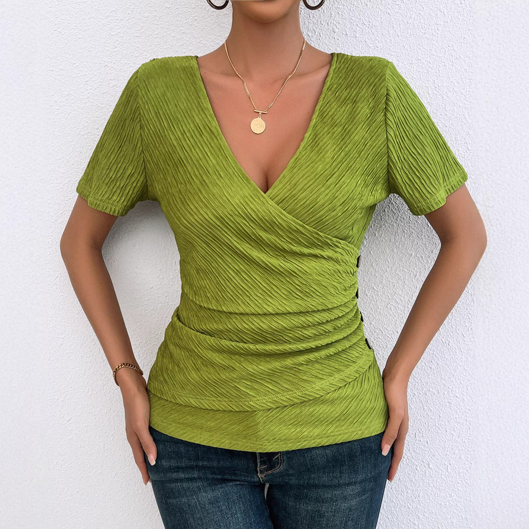 Chic & Stil Women's Wrap Top with Ruching and Side Snap Buttons