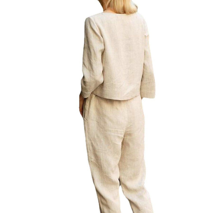 Ensemble en lin deux pièces pour femmes avec haut à la mode et pantalons confortables Chic & Stil