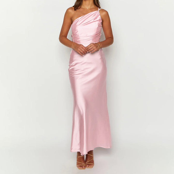 Elegant satin maxi dress for women with asymmetrical strap and refined ruffle details Lune London