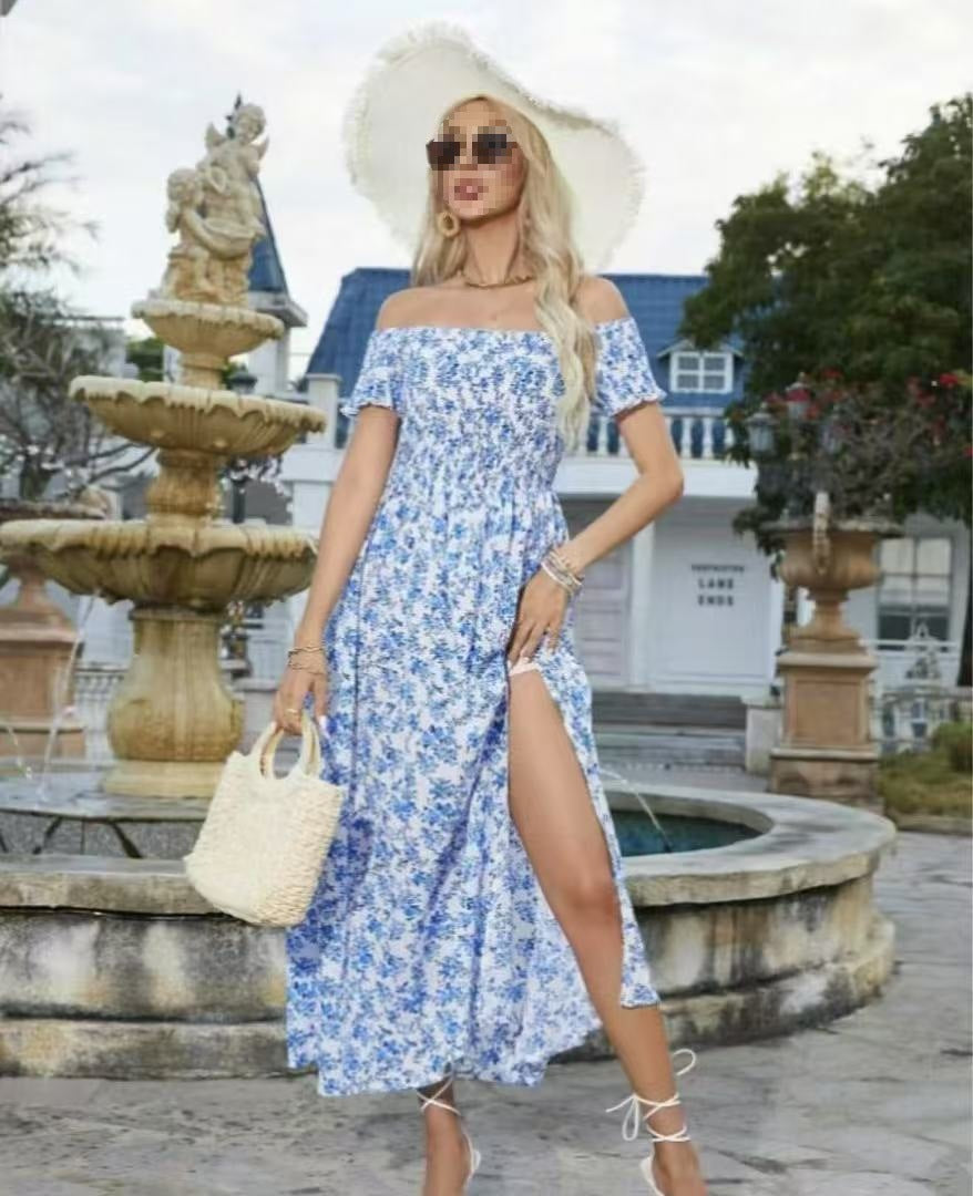 Maxi dress for women with décolletée silhouette and floral design Lune London