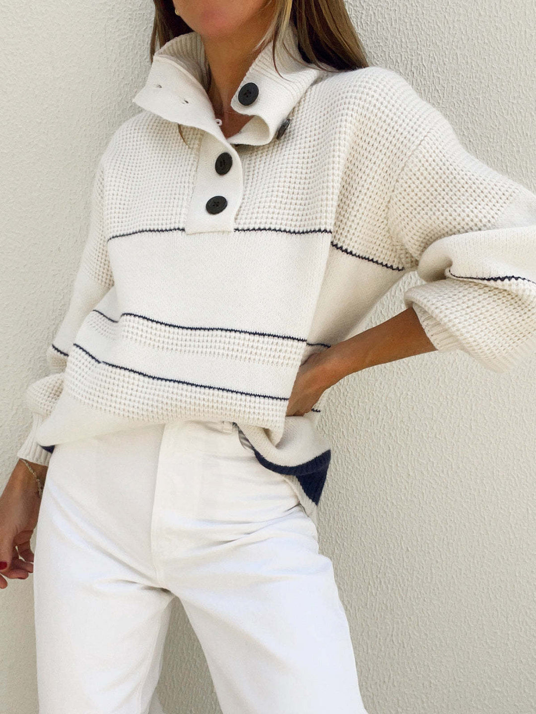 Ladies elegant, high collar sweater with button details Lune London