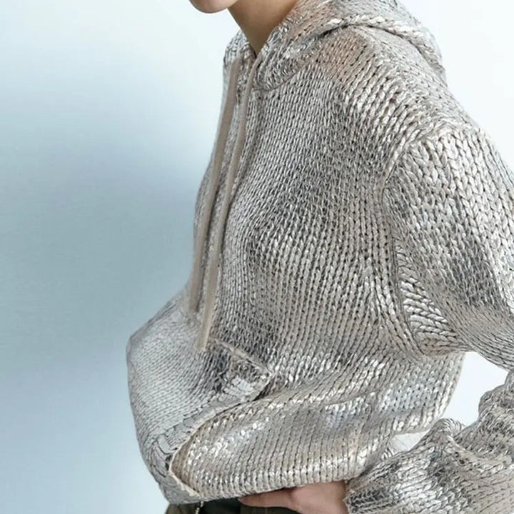 Sparkling knitted sweater for women with hood and practical kangaroo pocket Lune London