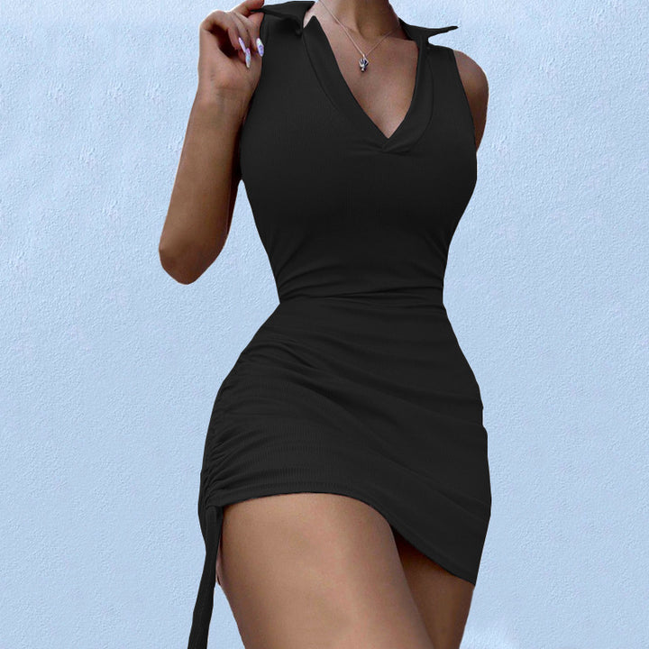 Fitted mini dress for women with a deep V neckline and gathers Lune London