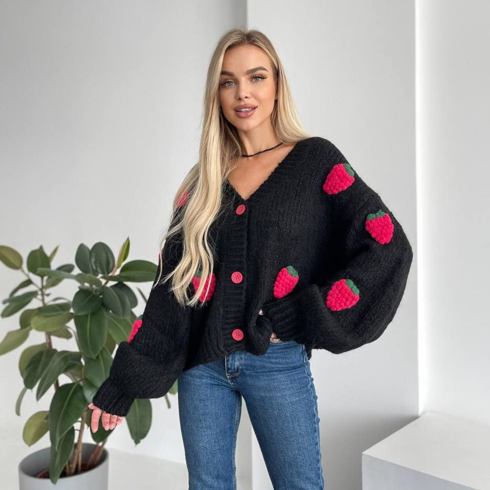 Women's knitted jacket with a playful strawberry pattern and wide sleeves Lune London