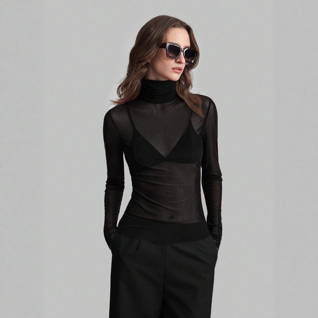 Women's Transparent Turtleneck Blouse with Shaping Cut Lune London