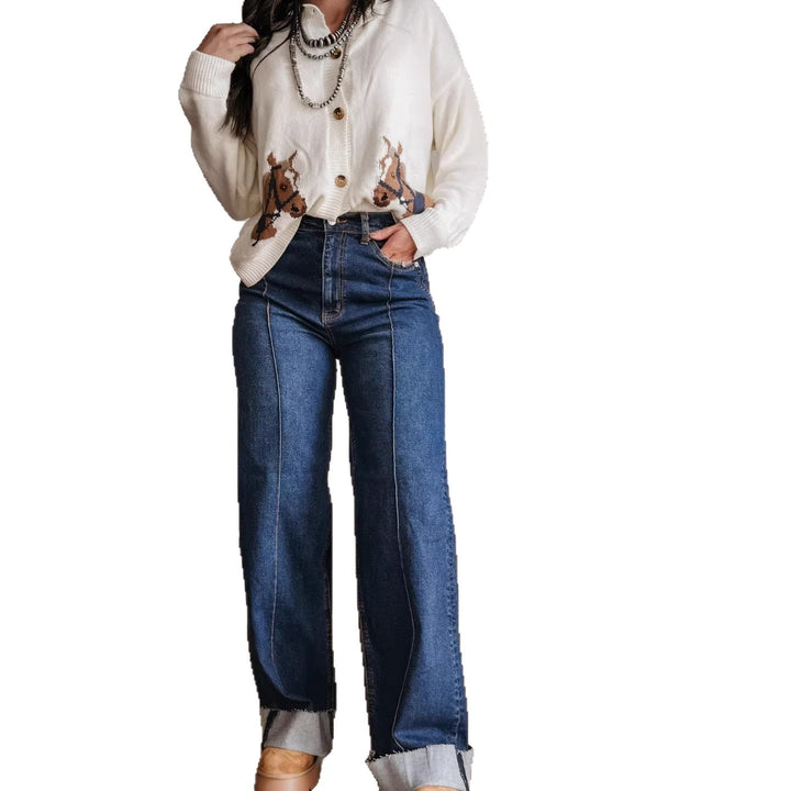 Women wide High-Waist jeans with unique contrast seams and casual look Lune London