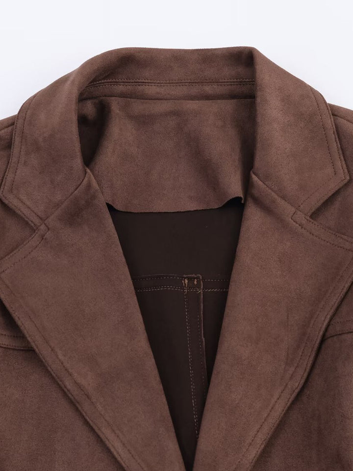 Lune London women's elegant blazer jacket in faux leather with belt at the waist