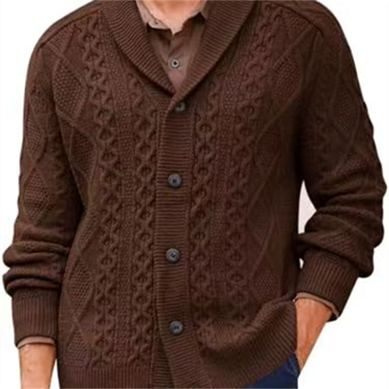 Men's knitted jacket with a clear braid pattern and a modern high collar Lune London