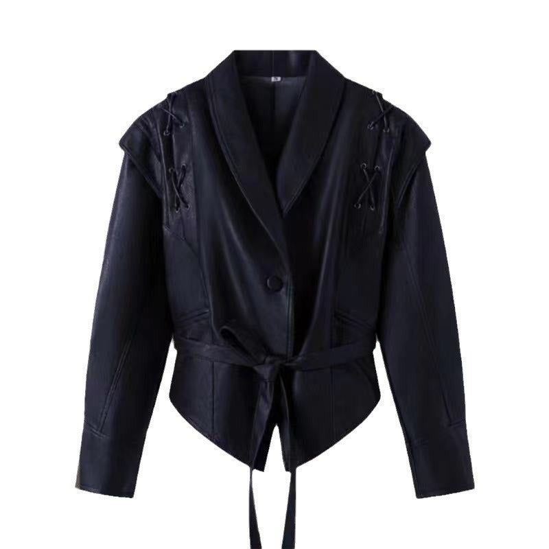 Elegant faux leather jacket for women with drapes and adjustable belt Lune London