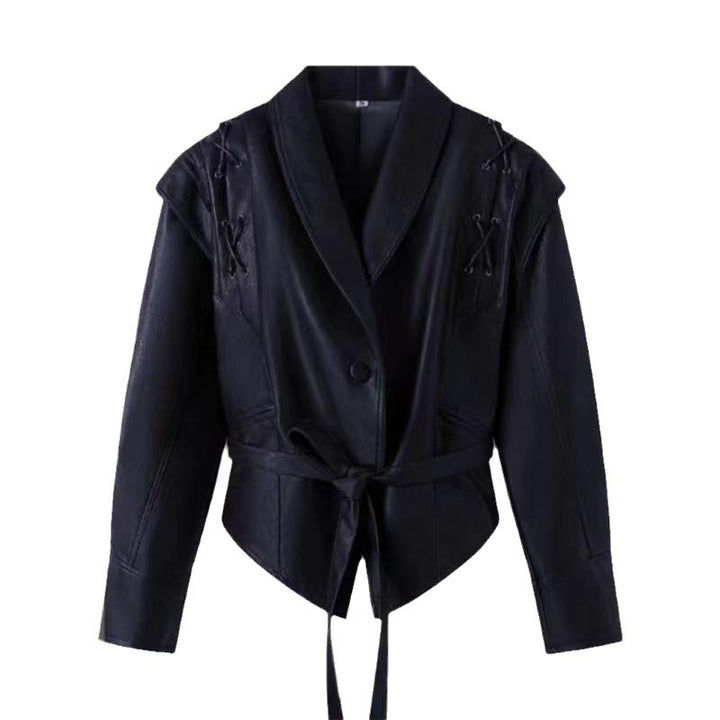 Elegant faux leather jacket for women with drapes and adjustable belt Lune London