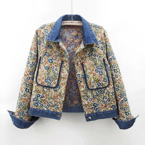 Floral patterned denim jacket for women with applied pockets and collar Lune London
