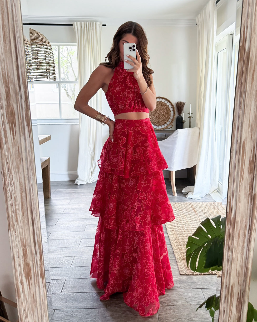 Women's maxi dress with floral design and ruffle layers Lune London
