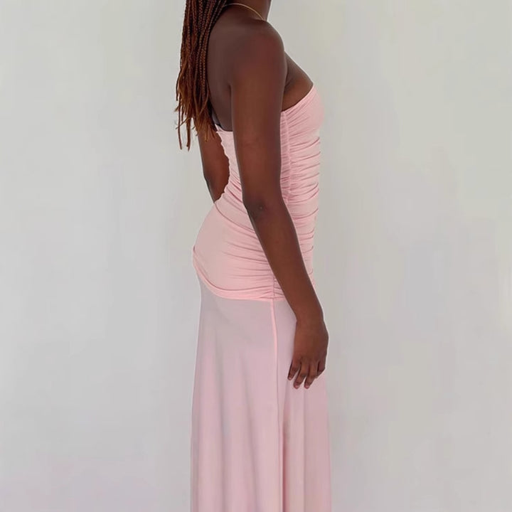 Elegant sleeveless maxi dress for women with high slit and ruffles Lune London