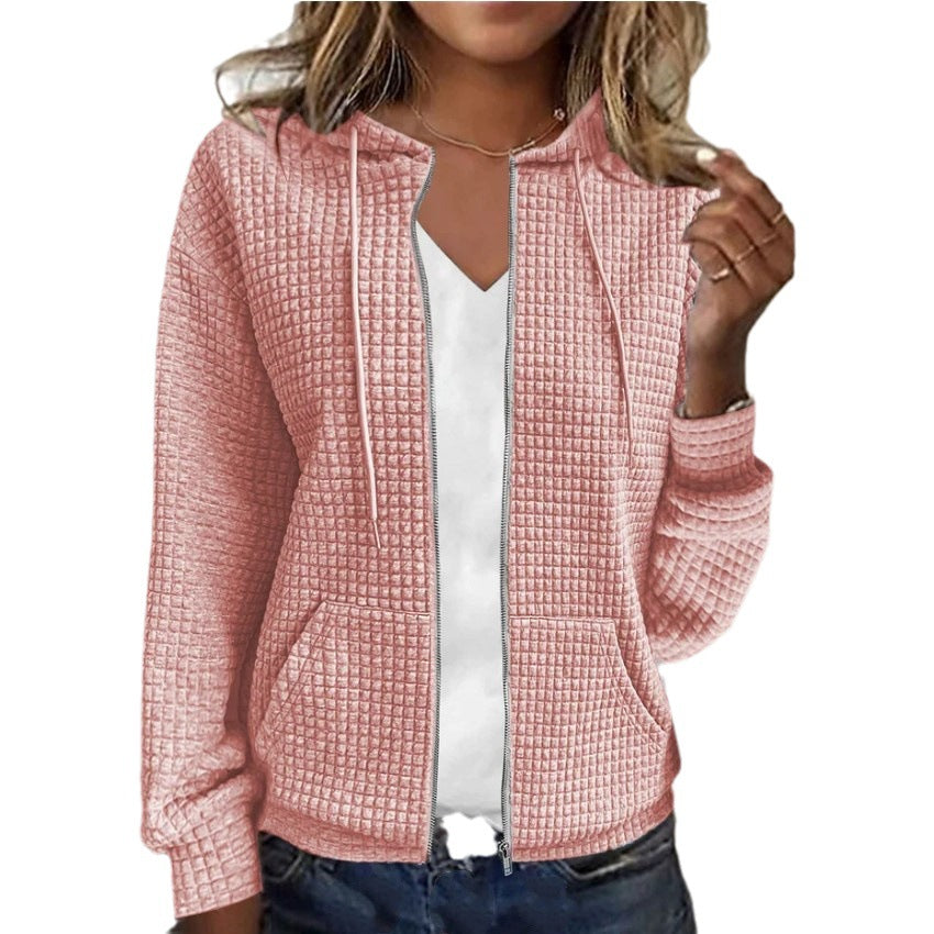 Ladies hooded jacket in textured fabric with pockets and zipper Lune London