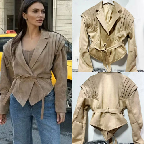 Elegant synthetic leather jacket for women with ruffle details and practical pockets Lune London