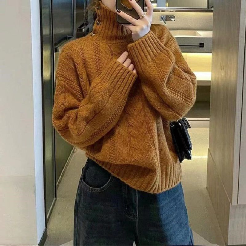 Chunky knit sweater for women with high collar and button details Lune London