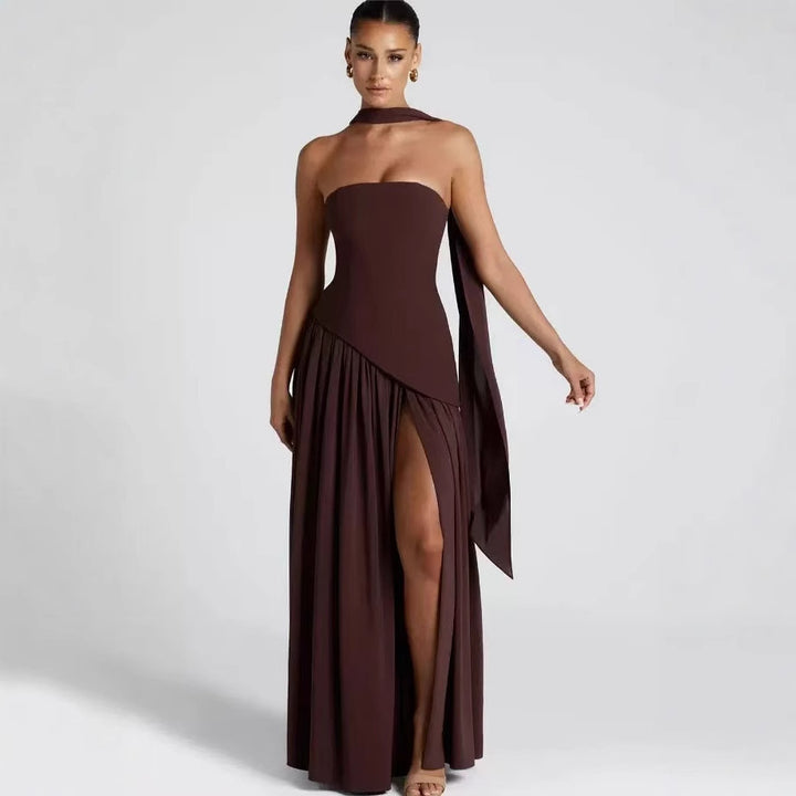Ladies Floor-Length Maxi Dress with Shoulder-Free Design and Elegant Slit