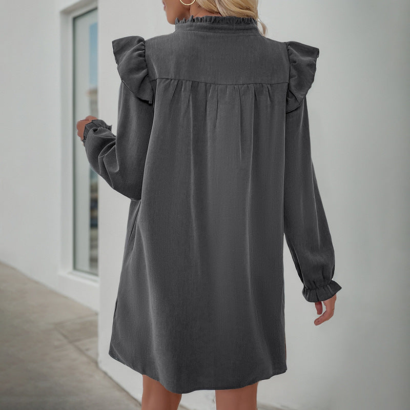 Elegant shirt dress for women with flared sleeves and a V neckline Lune London