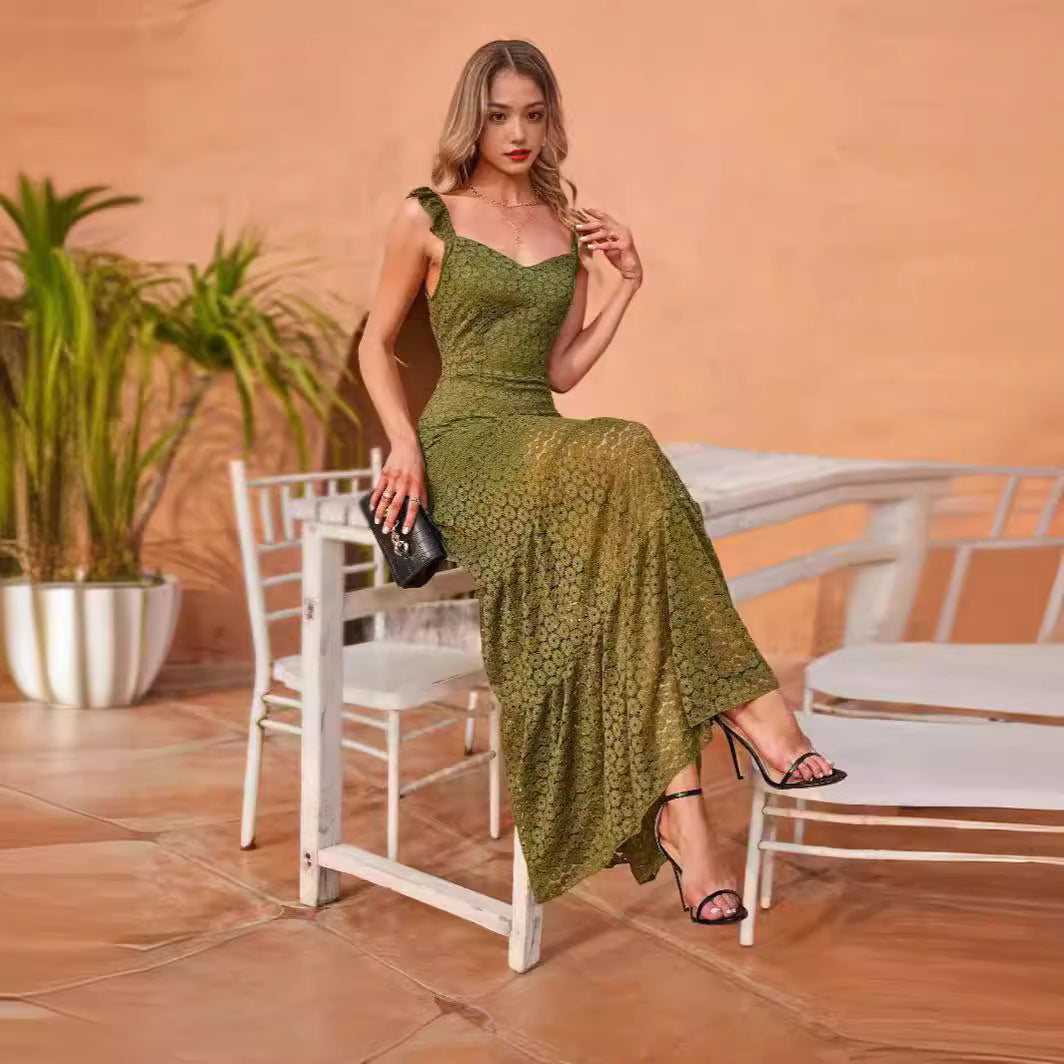 Maxi dress for women with exquisite crochet structure and a flowing skirt Lune London