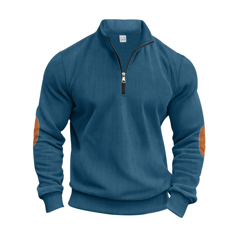 Navy sweater for men with high collar, zipper and trendy elbow patches Lune London